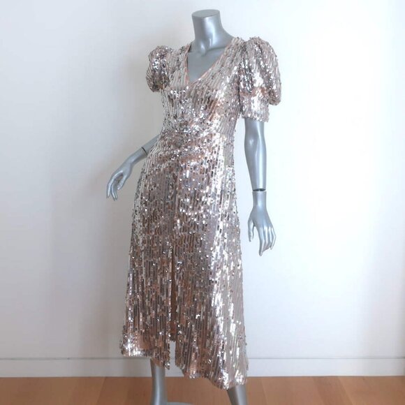 Rotate Birger Christensen Puff Sleeve Sequin Midi Dress Silver Size 34 NEW - Picture 2 of 8